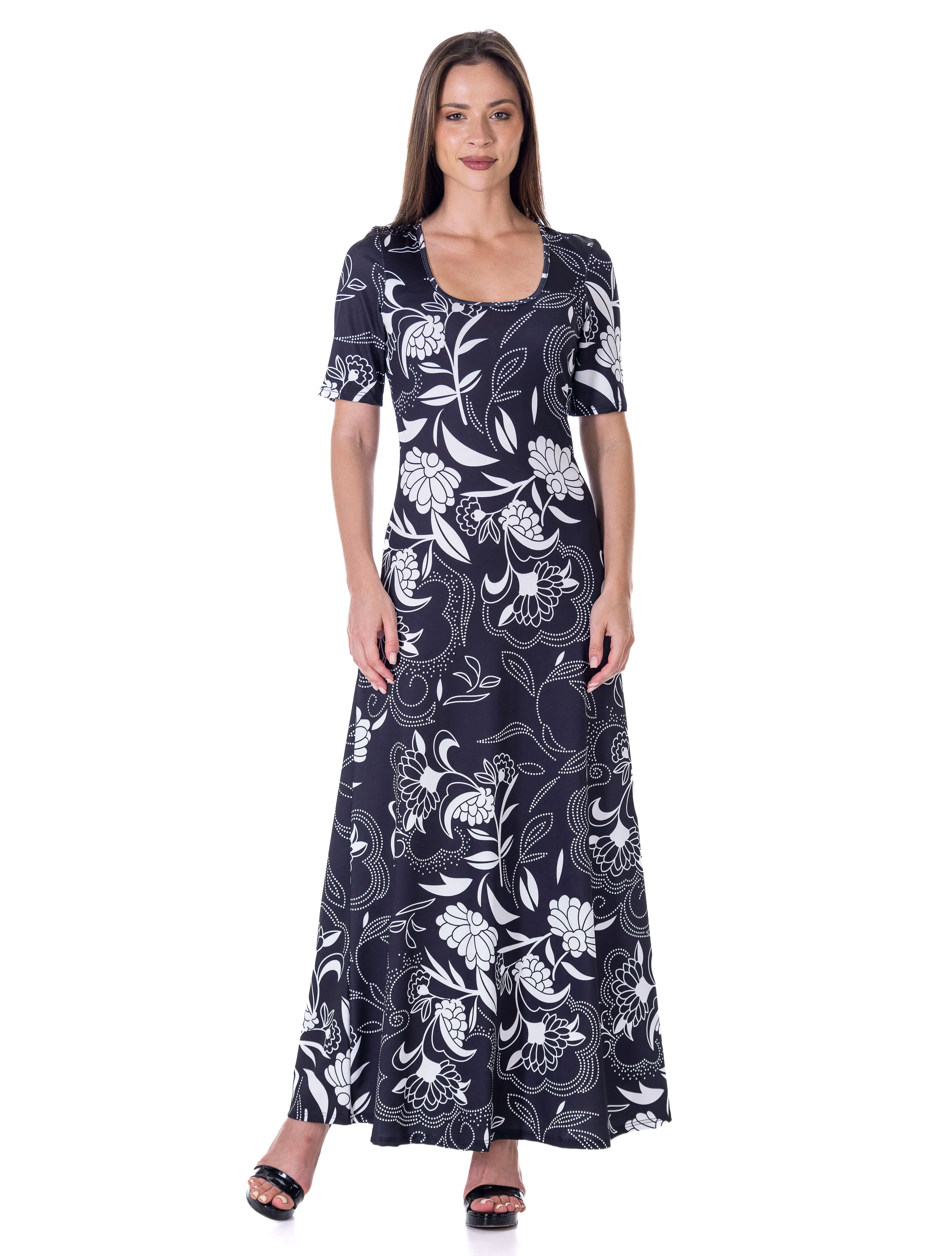 Womens  Black and White Elbow Sleeve Casual A Line Maxi Dress