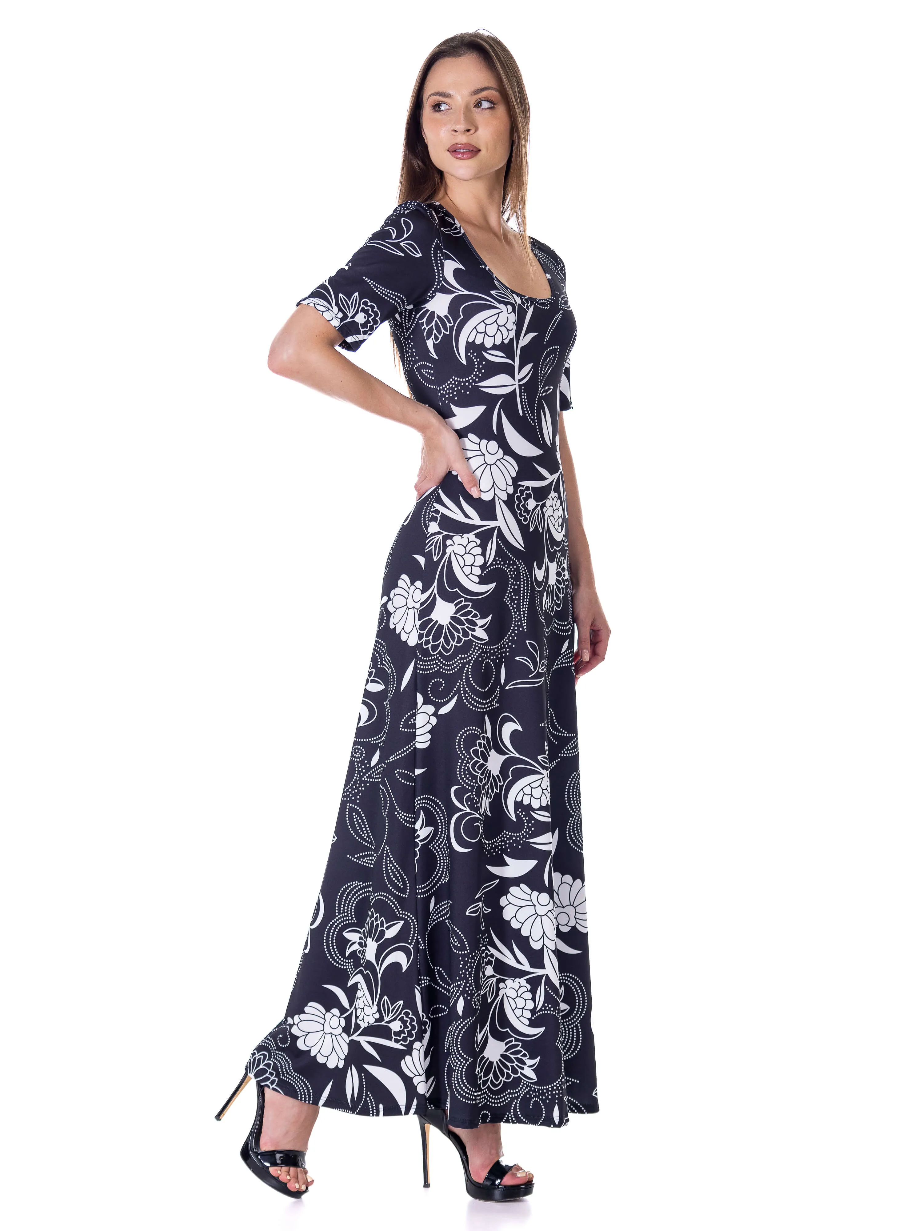 Womens  Black and White Elbow Sleeve Casual A Line Maxi Dress