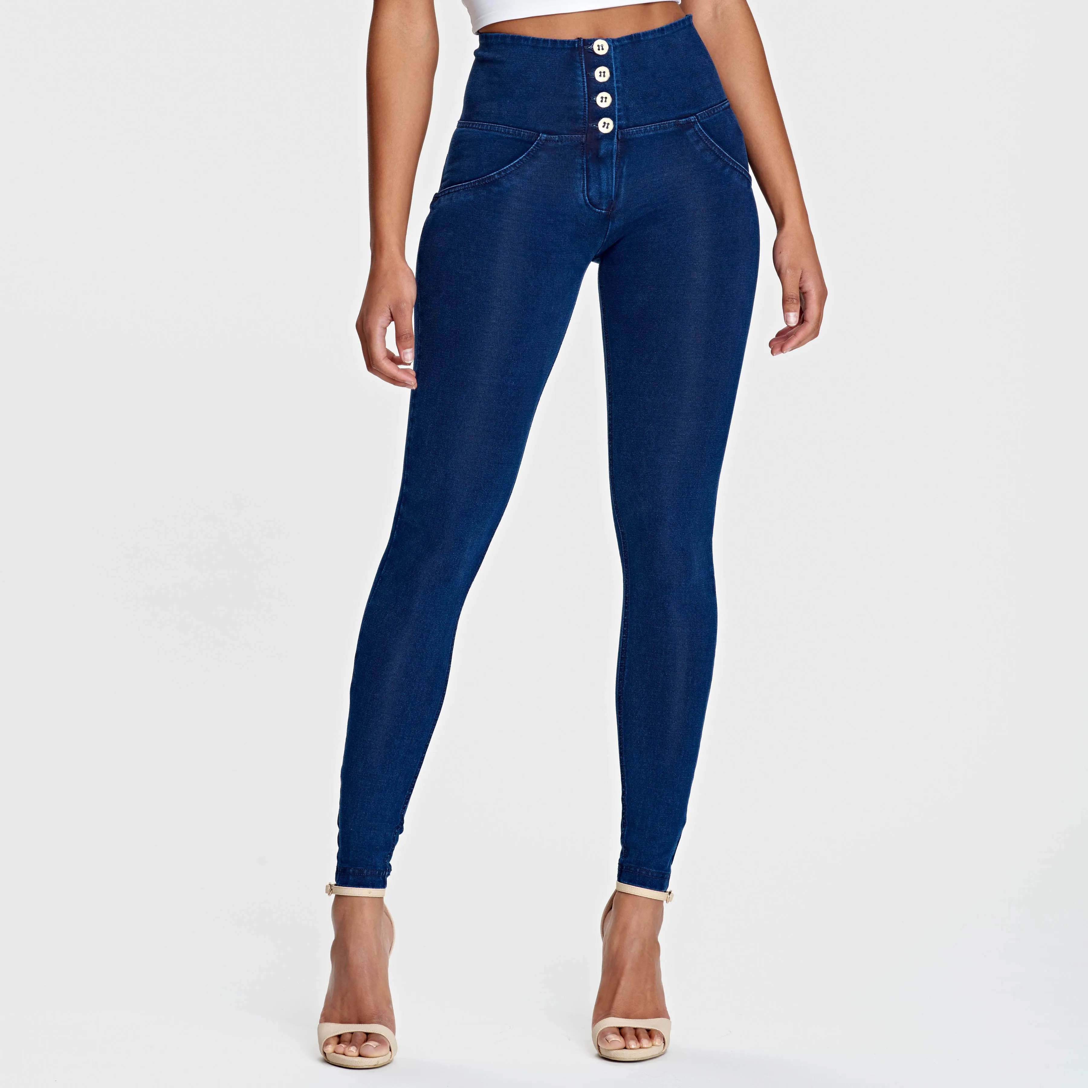 WR.UP® Denim - 4 Button High Waist - Full Length  - Dark Blue   Blue Stitching