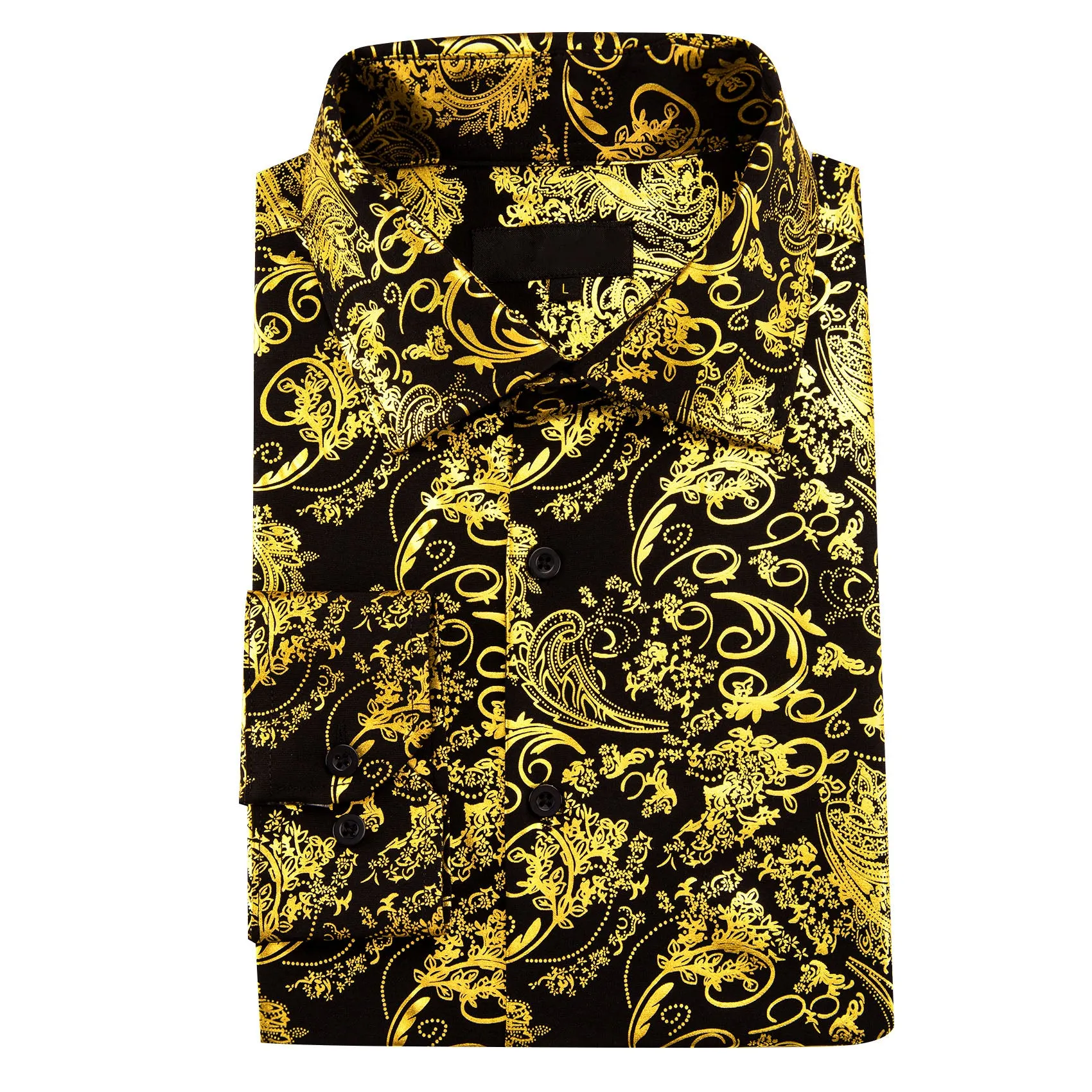 Yellow Black Floral Paisley Silk Men's Long Sleeve Shirt