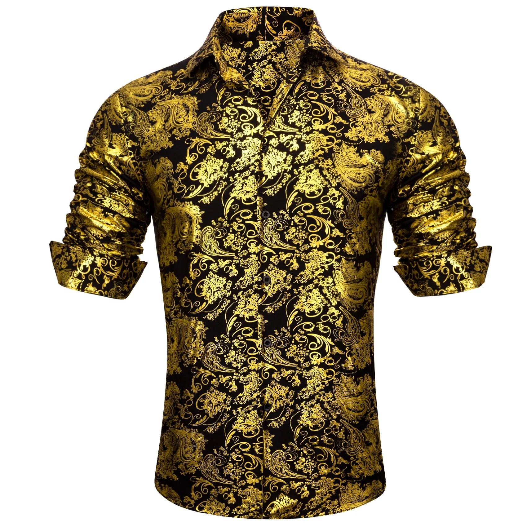 Yellow Black Floral Paisley Silk Men's Long Sleeve Shirt