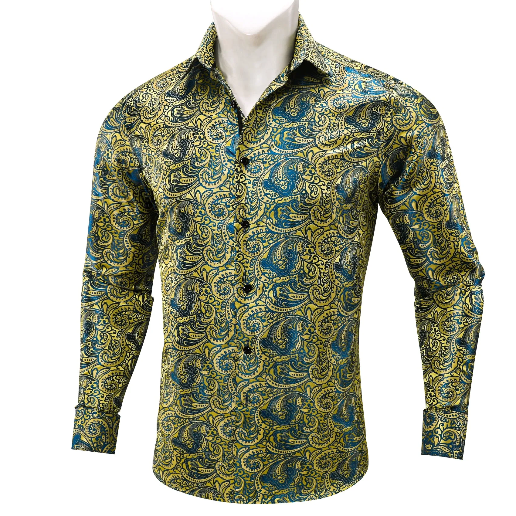 Yellow Blue Paisley Silk Men's Long Sleeve Shirt