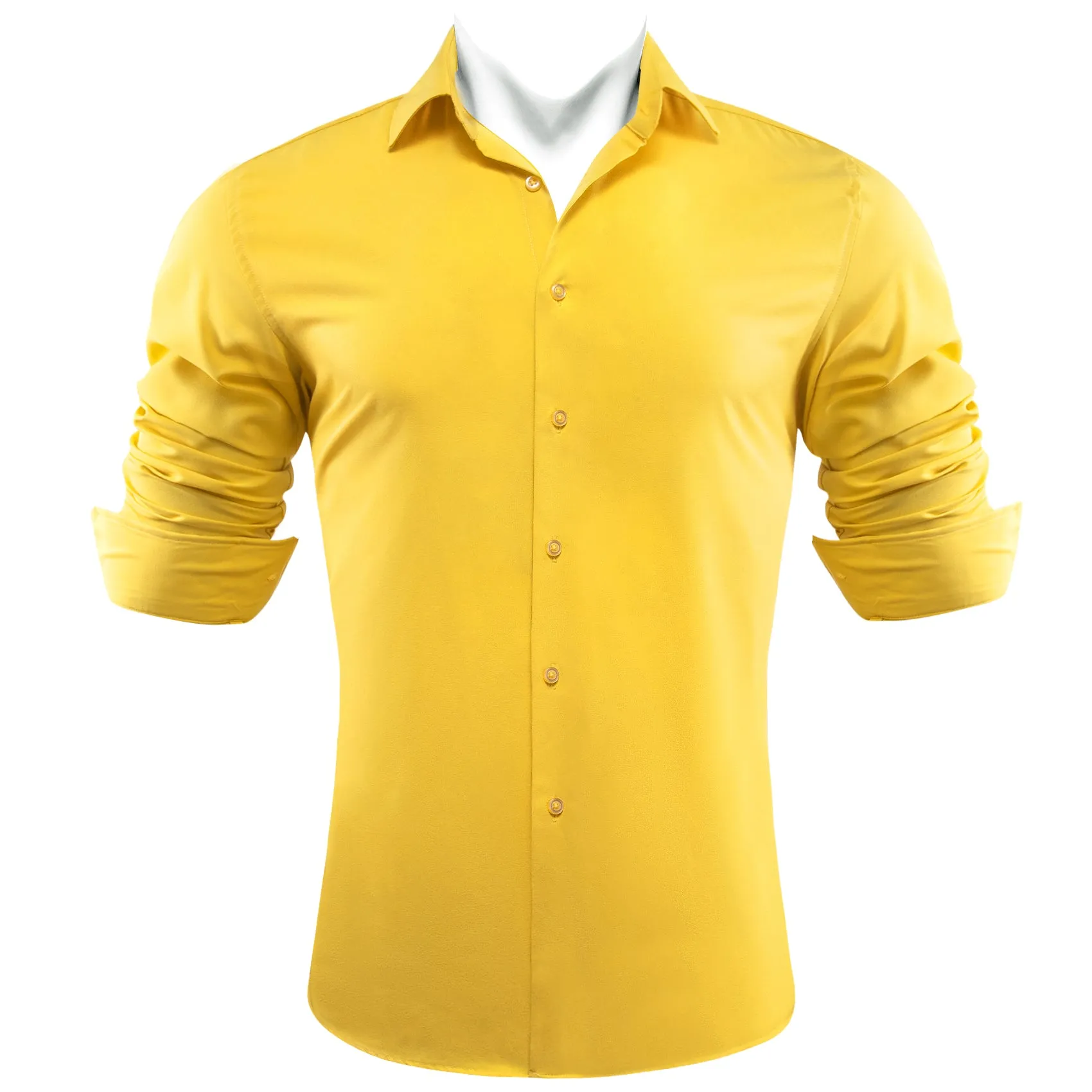 Yellow Solid Silk Men's Long Sleeve Shirt