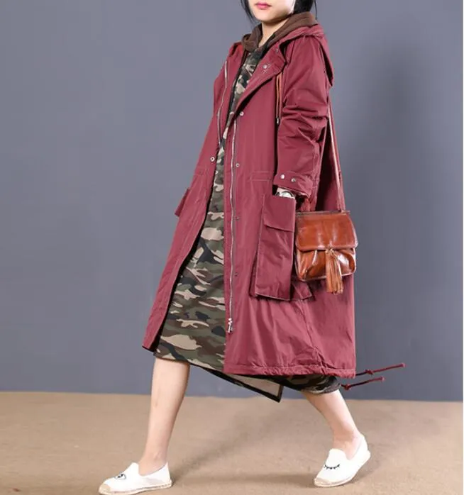 Zipper Long Women Casual Coat Loose Hooded Parka Plus Size Coat Jacket