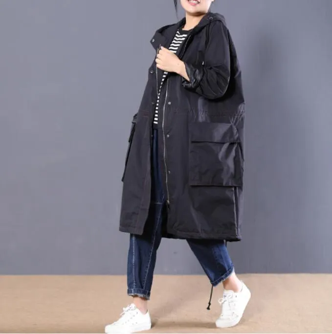 Zipper Long Women Casual Coat Loose Hooded Parka Plus Size Coat Jacket