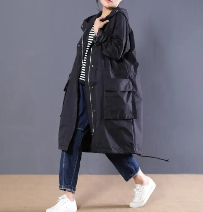 Zipper Long Women Casual Coat Loose Hooded Parka Plus Size Coat Jacket